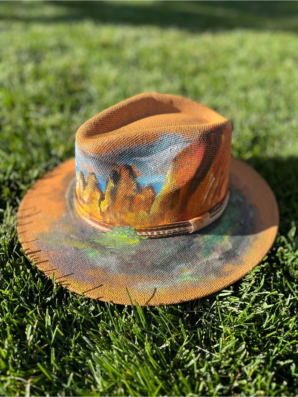 Unisex Hand-Painted of Garden of the Gods Hat in Burnt Orange with Multicolor